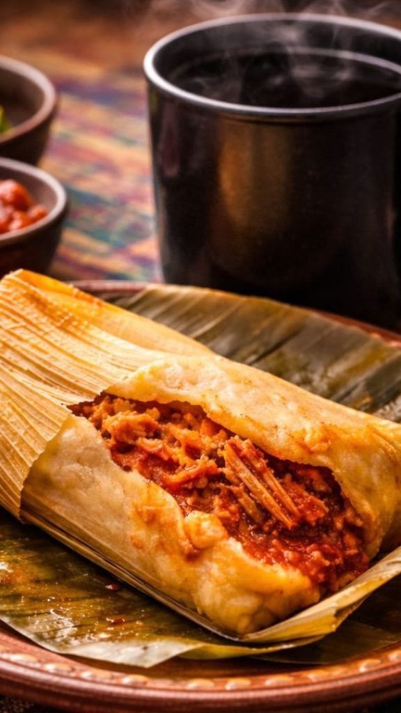 tamal de chile rojo con café